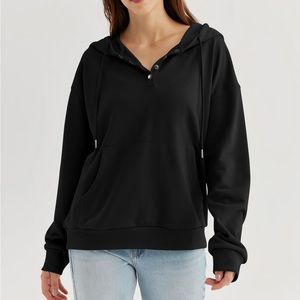 Black Medium Ezymall Hoodie Pullover Drawstring Long Sleeve Sweatshirt W/ Pocket
